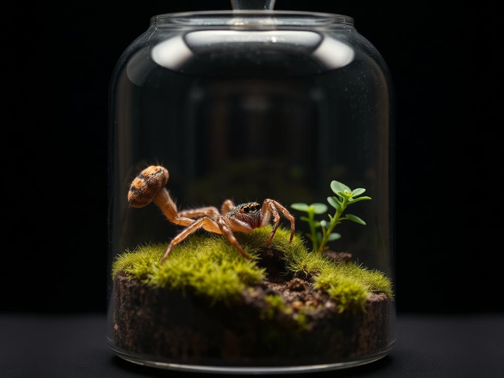 Bioactive glass terrarium with moss and a jumping spider