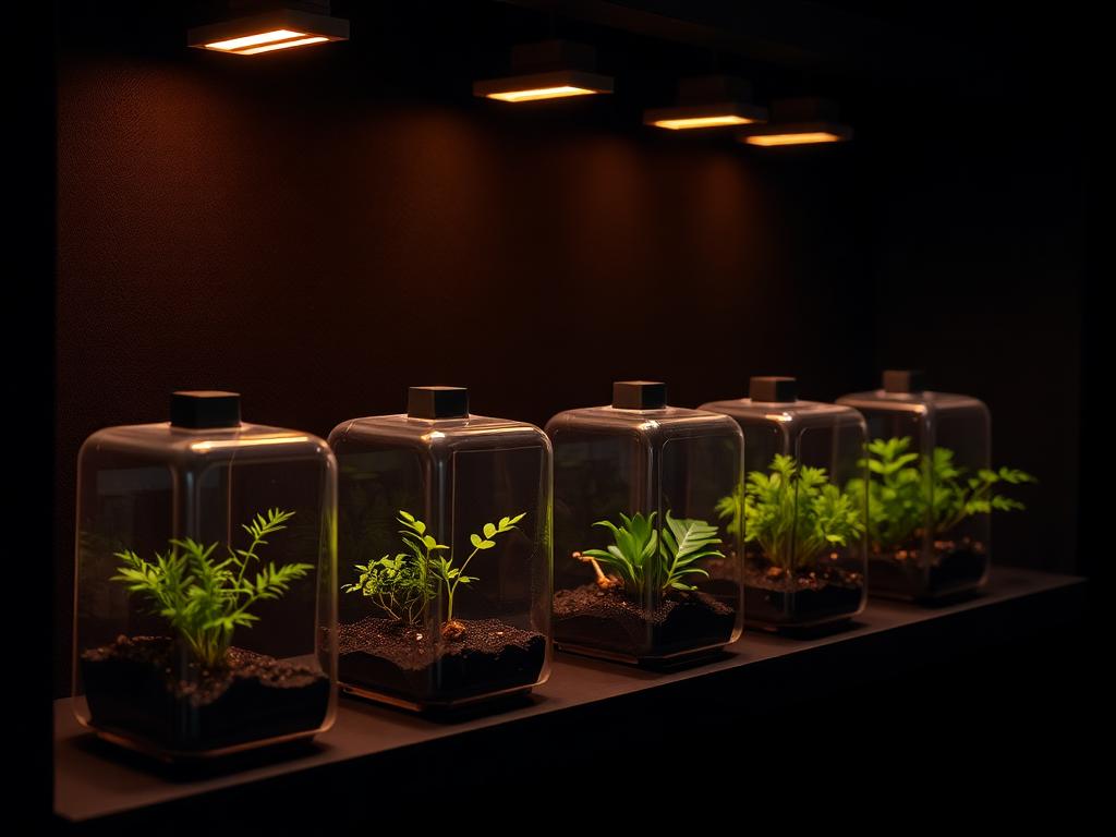 A row of planted arboreal spider enclosures on a dark shelf